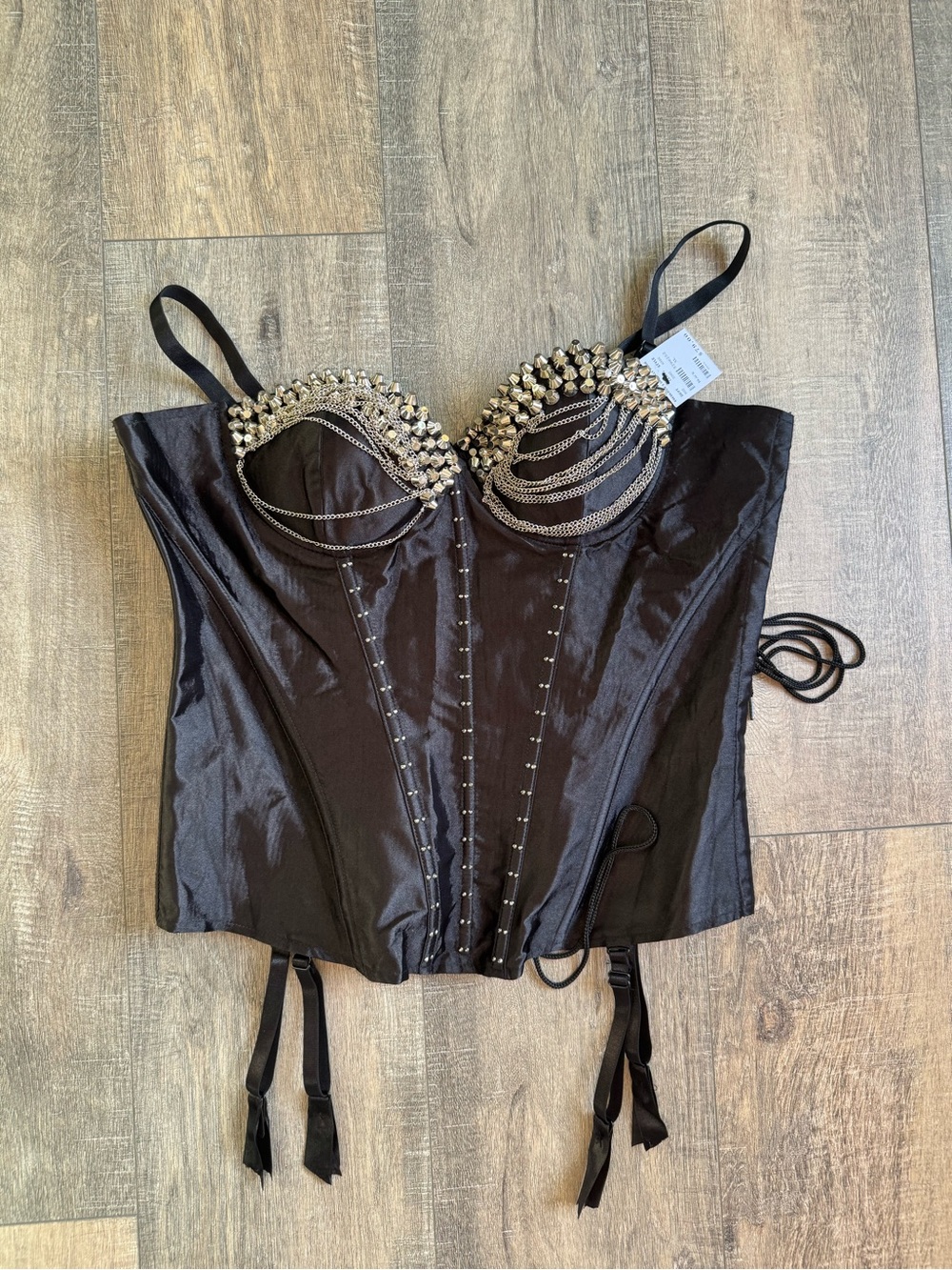 Fredericks of Hollywood Y2K Vintage Black Studded Chain Corset Top